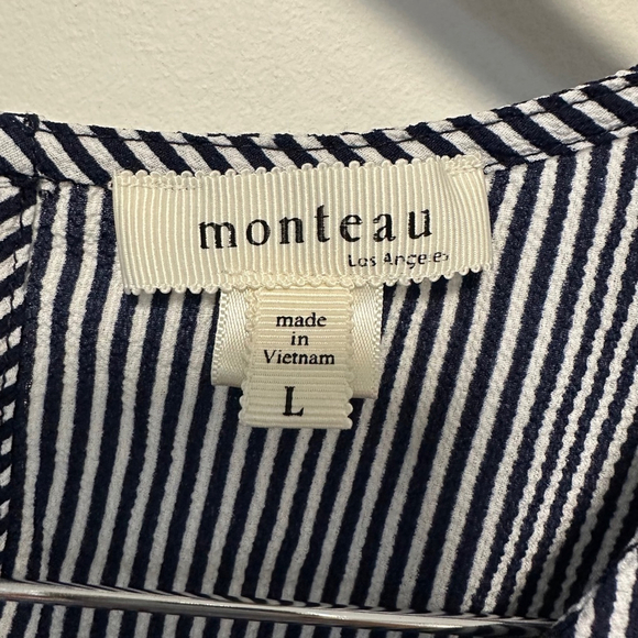 Women's Monteau Los Angeles blouse, Size L, Navy and White Stripes ruffles - Picture 4 of 8